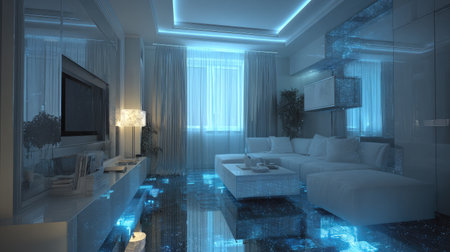 A stunning modern living room that emphasizes sleek design and ambient lighting. Featuring a cozy sofa, elegant furniture, and captivating reflections, this space inspires tranquility and style.の素材