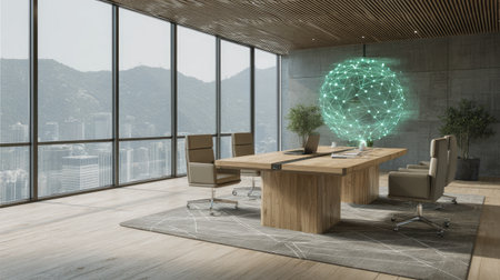 A sleek and modern office interior featuring a panoramic view of the city skyline, highlighted by a holographic globe above a wooden conference table.の素材