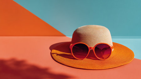 This vibrant image showcases a stylish hat paired with bold sunglasses, set against a colorful background, perfect for evoking summer vibes and relaxation themes.の素材