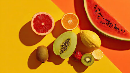 A stunning array of fresh fruits is elegantly arranged on a vibrant background, showcasing watermelon, citrus slices, and kiwi fruits perfect for summer.の素材