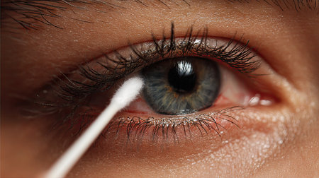 This close-up image highlights the intricate details of a human eye as a cotton swab is used for hygiene or makeup. The focus on texture and clarity emphasizes beauty and care.の素材
