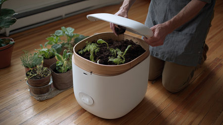 A person engages in indoor gardening by using a modern composting system, nurturing plants in a stylish environment to promote eco-friendly living.の素材