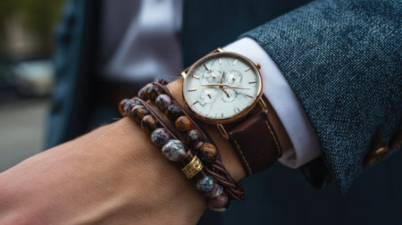 This image showcases an elegant wristwatch paired with stylish bracelets, epitomizing modern fashion and craftsmanship in an urban setting with a neutral palette.の素材