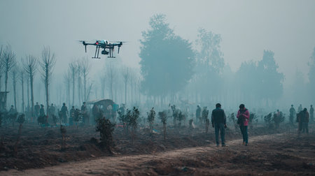 A drone hovers in a foggy rural landscape, capturing the essence of modern agriculture while people navigate through mist-covered trees and terrain.の素材