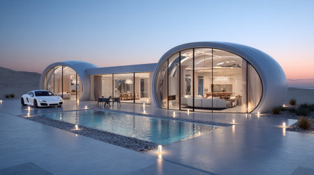 This stunning modern desert home features unique architecture with glass walls and a sparkling pool, creating a serene retreat at dusk.の素材