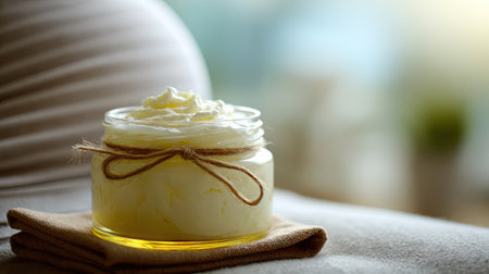 A beautiful glass jar filled with freshly whipped cream, elegantly tied with natural twine, set against a soft-light backdrop, perfect for home decor or skincare.の素材