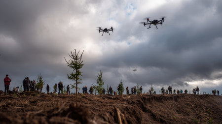 A group of people works on a reforestation project with drones flying overhead, showcasing technology's role in environmental restoration and conservation efforts.の素材