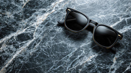 A pair of stylish black sunglasses elegantly placed on a dark marble surface. The unique texture and striations of the marble enhance the overall chic composition.の素材