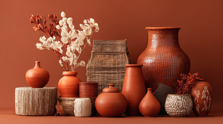This captivating image showcases an aesthetic arrangement of earthy colored vases and natural decor elements against a warm background, perfect for interior design inspiration.の素材