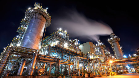 A stunning view of a refinery at night showcasing illuminated structures, vapor emissions, and advanced industrial machinery in operation.の素材