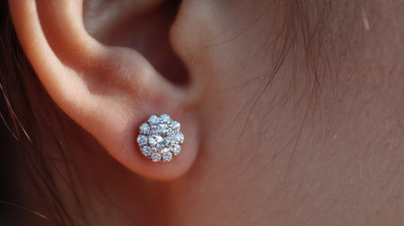This close-up image showcases a beautiful set of diamond stud earrings on a model's ear. The earrings capture light elegantly, adding a touch of luxury and sophistication. A perfect image for fashion and jewelry enthusiasts looking for stylish inspiration.の素材