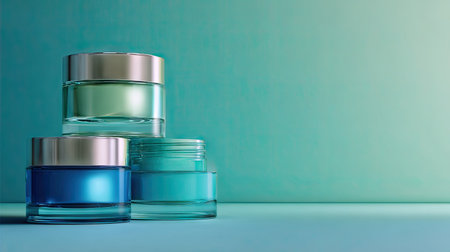 A captivating arrangement of vibrant skin care cream jars in shades of blue and green set against a soft gradient background, ideal for beauty and wellness marketing.の素材