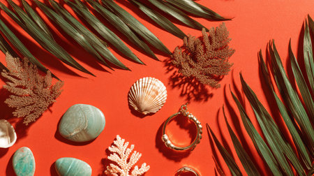 This captivating flat lay image features an array of natural elements, including tropical foliage, elegant jewelry, and seashells, all against a vibrant orange background.の素材