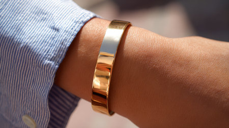 A close-up view of a beautiful gold bangle bracelet worn on a wrist, showcasing modern elegance against a striped shirt in a sunny outdoor setting.の素材