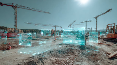 A modern construction site showcasing cranes and machinery with a futuristic digital overlay, emphasizing technological innovation in urban development.の素材
