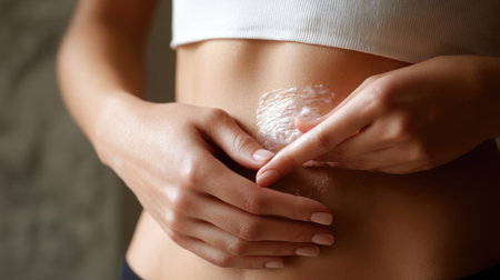 A woman applies moisturizing cream on her bare stomach, highlighting a focus on skincare and wellness. The gentle touch conveys a sense of calm and relaxation.の素材