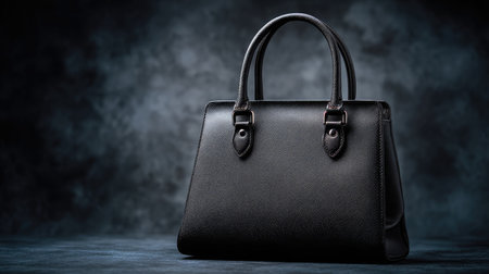 This image features an elegant black handbag positioned against a dark, subtly textured background. The soft lighting accentuates the bag's design and craftsmanship, creating a sophisticated and luxurious feel, ideal for fashion-related projects.の素材