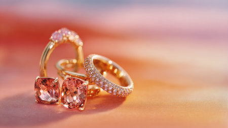 A stunning arrangement of fine jewelry featuring pink gemstones set in elegant gold designs, perfect for fashion enthusiasts and special occasions.の素材