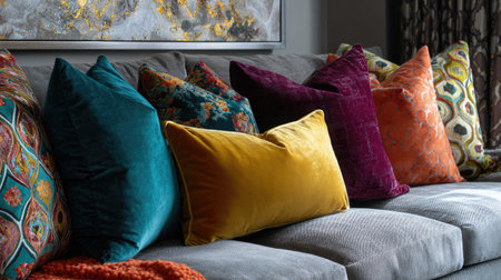 This image features a stunning arrangement of colorful decorative cushions on a plush couch, enhancing the cozy atmosphere of a modern living room.の素材