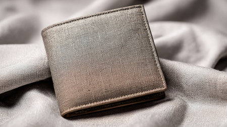 This elegant brown wallet features a minimalist design resting on soft fabric, ideal for fashion enthusiasts looking for style and practicality.の素材