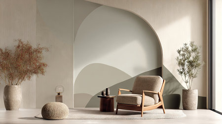 Bright and airy living space showcasing modern interior design elements with minimalist furniture, abstract wall art, and natural plants.の素材