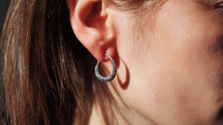 This image showcases an elegant silver hoop earring worn by a woman, captured in natural light. The close-up reveals intricate details and design.の素材