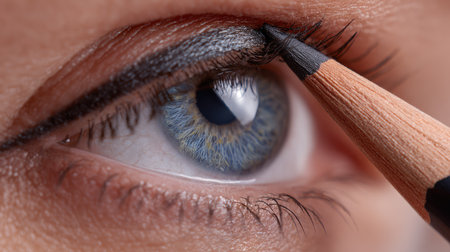 This image captures the intricate details of a woman's eye as she applies eyeliner, showcasing the unique colors and textures of makeup artistry.の素材