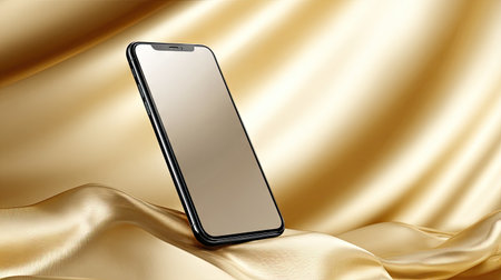 A sleek smartphone rests elegantly on a shimmering golden silk fabric, showcasing a luxurious and modern aesthetic perfect for technology-related themes.の素材