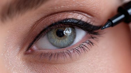 This close-up image captures the beauty of precise eyeliner application on an eye, showcasing a perfect makeup technique and trend in cosmetic artistry.の素材