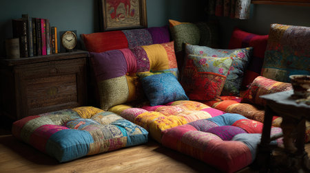 A vibrant arrangement of patchwork cushions creates a cozy atmosphere in a beautifully decorated living room, filled with vintage charm and inviting warmth.の素材