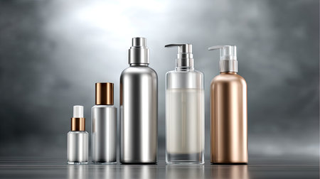 A stylish arrangement of various skincare bottles made of glass and metal with modern designs, ideal for showcasing beauty products in an elegant manner.の素材