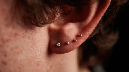 This close-up image showcases a series of elegant silver ear piercings, reflecting soft light, highlighting the beauty of simple jewelry on skin.の素材