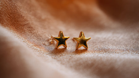 Capture the essence of elegance with these stunning gold star stud earrings resting on a soft silk surface. Perfect for accessorizing any outfit.の素材