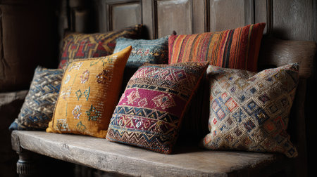 A vibrant arrangement of handcrafted pillows on a rustic wooden bench, showcasing intricate patterns and rich colors, perfect for home decor inspiration.の素材