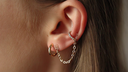 This close-up image showcases an elegant gold earring design featuring stylish chains and intricate decorative elements. Perfect for fashion lovers.の素材