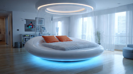 Experience a unique fusion of comfort and technology with this futuristic floating bed design set in a modern living room, featuring ambient lighting and a stunning urban view.の素材