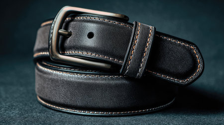 This captivating image features a dark leather belt with a brushed metal buckle, ideal for showcasing fashion accessories. The soft black background enhances the elegant design and craftsmanship, perfect for advertising stylish outfits.の素材