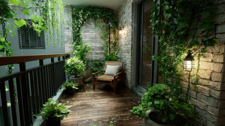 Experience a tranquil balcony garden filled with lush greenery, a cozy wooden chair, and an inviting atmosphere, perfect for relaxation and enjoyment.の素材