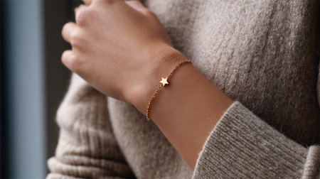 This close-up image features a delicate gold bracelet with a star charm worn on a woman's wrist, perfect for fashion and jewelry enthusiasts. The cozy sweater setting enhances the warmth and elegance of the piece, making it an ideal choice for lifestyle and accessory photography.の素材