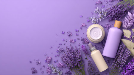 This image showcases lavender spa products arranged beautifully on a soft purple background, featuring natural ingredients for a calming experience. Perfect for wellness themes!の素材