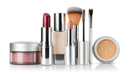 A vibrant collection of cosmetic products arranged neatly on a white background, showcasing the essential tools and items for a complete beauty routine.の素材