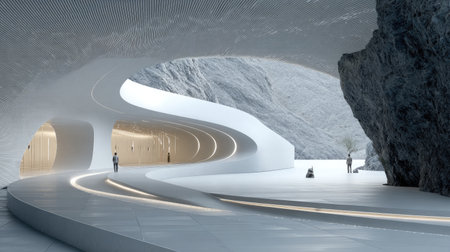 This image captures a stunning architectural interior that blends modern design with natural elements, featuring smooth curves and elegant lines.の素材