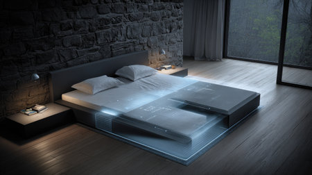 Discover a futuristic bedroom featuring a high-tech bed that combines modern aesthetics with comfort. Soft lighting and innovative design elements create a serene atmosphere.の素材