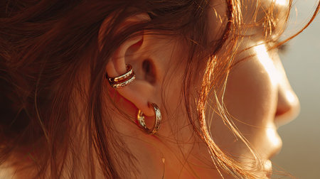 This image beautifully captures a woman's profile adorned with delicate gold earrings. Sunlit highlights enhance the soft texture of her hair, creating an elegant and sophisticated atmosphere.の素材