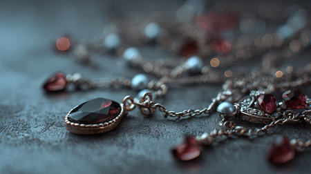 This exquisite close-up image showcases luxurious jewelry featuring red gemstones and delicate silver chains against a textured background, adding elegance.の素材