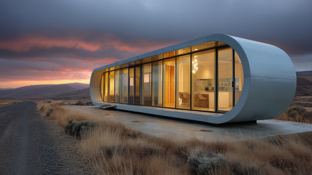 This stunning image showcases a modern minimalist house nestled in a serene landscape at sunset, highlighting sleek lines and expansive glass.の素材