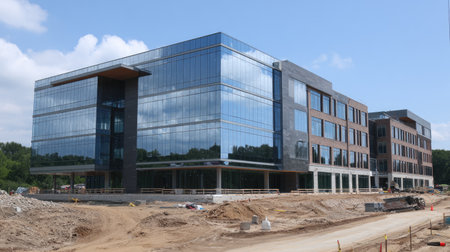 A contemporary office building under construction showcases a large glass facade with modern design elements. The site reflects ongoing urban development and investment.の素材