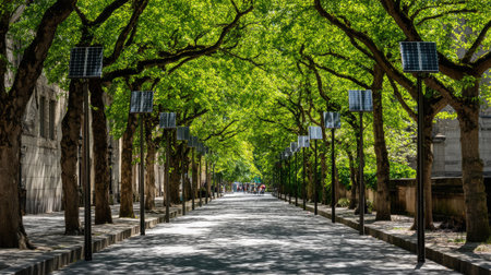 A serene urban pathway lined with lush green trees and solar panels, creating a beautiful blend of nature and sustainable technology in a park setting.の素材