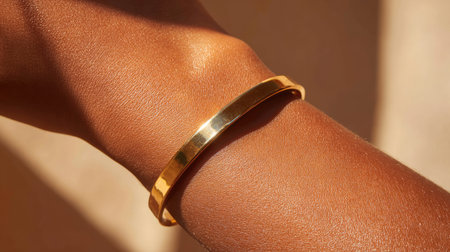 A close-up image capturing an elegant gold bracelet on a person's arm, highlighting modern design and luxury, perfect for fashion-themed projects.の素材