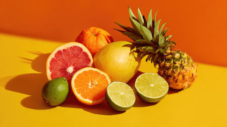 This vibrant image showcases a delightful assortment of fresh citrus fruits, including pineapple, oranges, and limes, against a bright background. Perfect for culinary uses.の素材